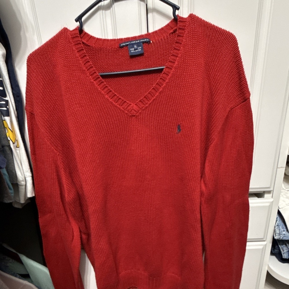 Ralph Lauren Sport Men's Red Solid Knit V-Neck Pullover Logo Sweater XL